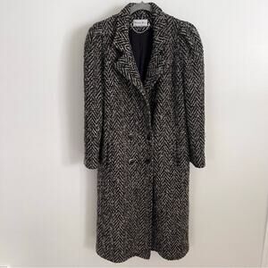 Vintage-Inspired Black & White Herringbone Wool Coat